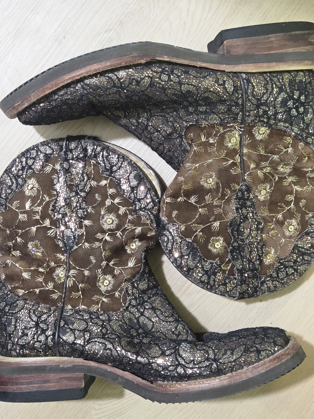 Ferrini Black Lace Overlay Western Boots Floral Embroidered 8.5